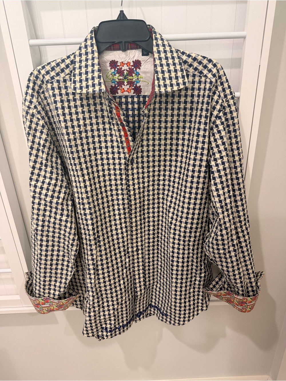 Robert Graham Navy and White Check Houndstooth Shirt XL